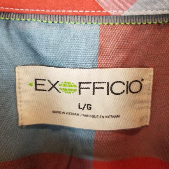 ExOfficio Men's Plaid Check Short Sleeve Shirt Zip Pocket Orange Blue Gray Large - Picture 3 of 8